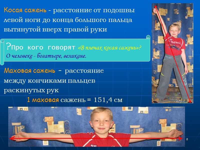 8 Косая сажень - расстояние от подошвы левой ноги до конца большого пальца вытянутой 8 Косая сажень - расстояние от подошвы левой ноги до конца большого пальца вытянутой